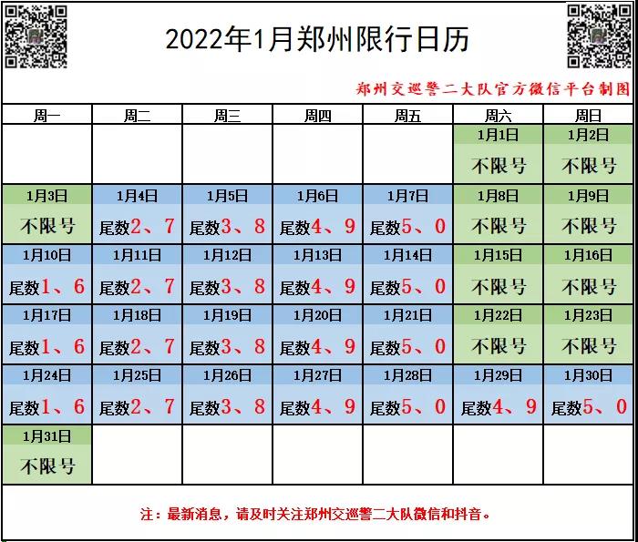 2022年元月限行日历注意这4个日期有变化