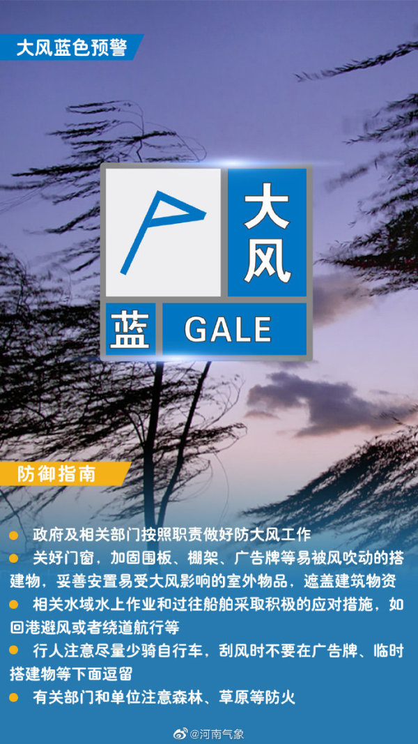 阵风6到7级！郑州市气象台发布大风蓝色预警