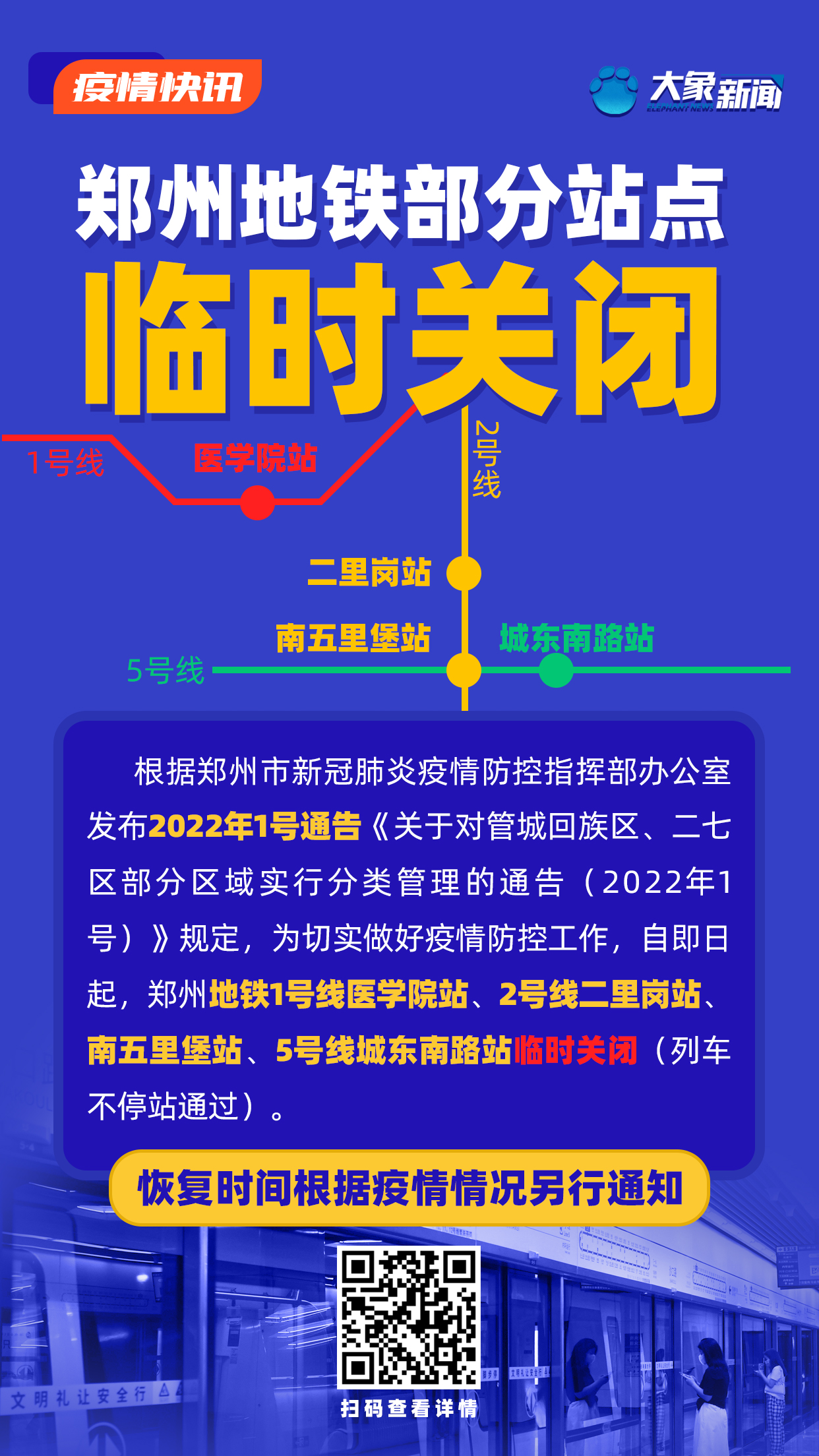 最新！受疫情影响 郑州地铁医学院站等4个车站临时关闭