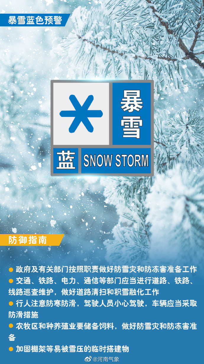 河南发布暴雪蓝色预警！郑州、开封、平顶山等地降雪量将达5毫米以上